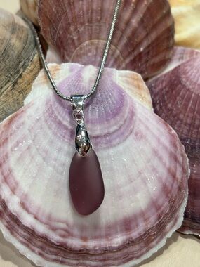 Artisan Rich Plum Sea Glass Teardrop Necklace on Sterling Silver Snake Chain